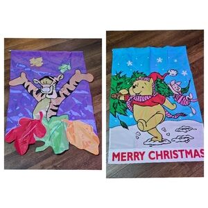 Vtg Winnie The Pooh Tigger Outdoor Large Flag 2 Pc Fall Winter Leaves Snow 90s‎